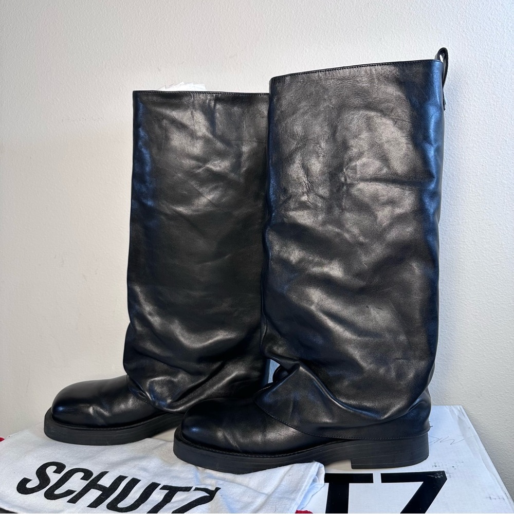 Schutz Keira Up Boot in Black leather knee high platform biker moto slouch - Picture 5 of 10